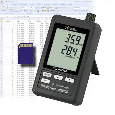 Digitales Feuchte- und Temperatur-Datenlogger mit SD-Karte, zeigt 35,9% relative Luftfeuchte und 29,4°C vor einem Tabellenkalkulationsprogramm und einer Speicherkarte.