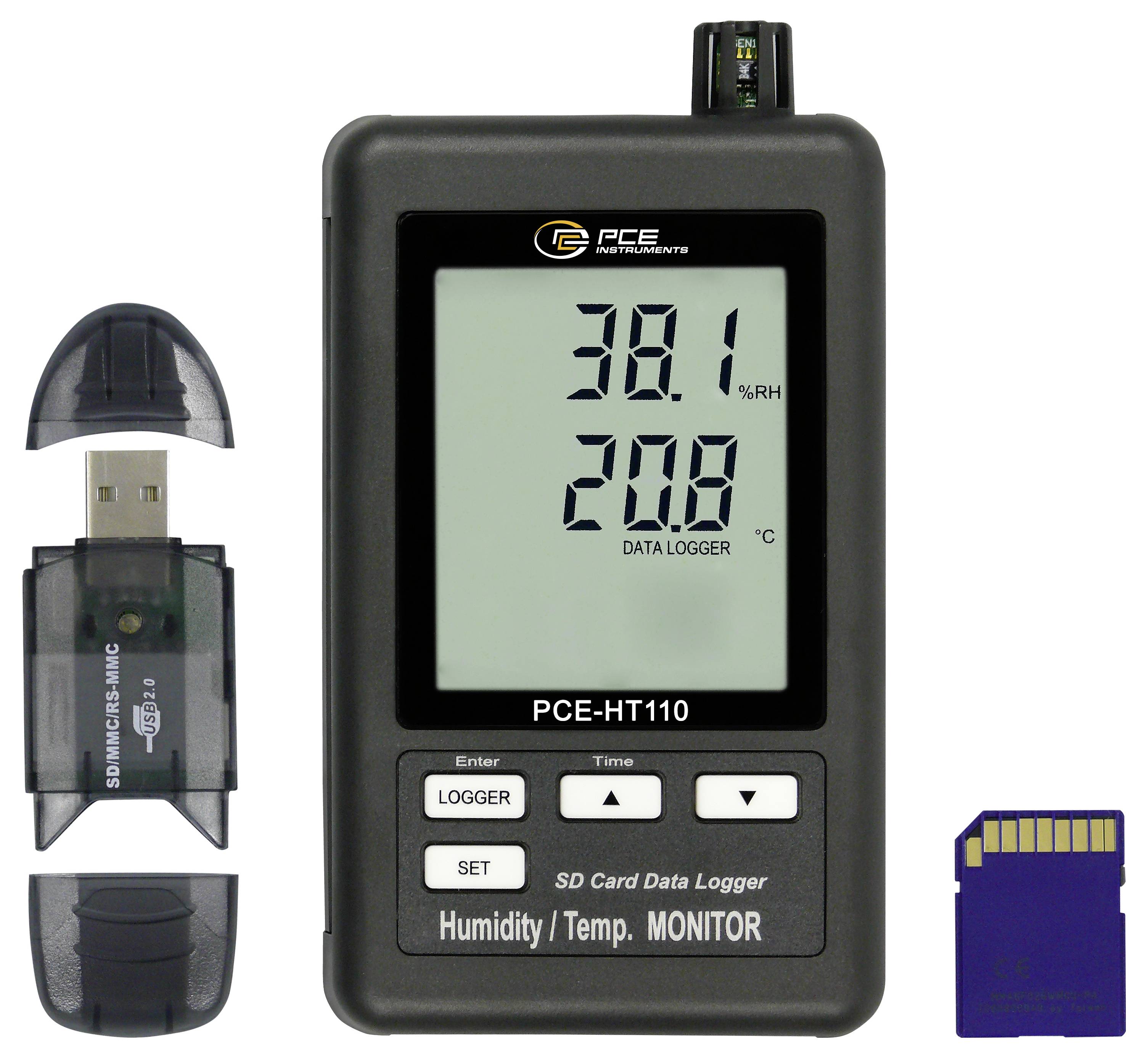 Digitales Feuchte- und Temperatur-Datenlogger mit Display, das 38,1 % relative Luftfeuchte und 20,8 °C anzeigt, sowie abnehmbarer USB-Sensorabdeckung und SD-Karte.