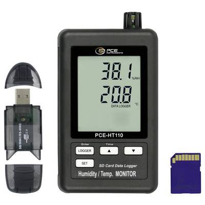Digitales Feuchte- und Temperatur-Datenlogger mit Display, das 38,1 % relative Luftfeuchte und 20,8 °C anzeigt, sowie abnehmbarer USB-Sensorabdeckung und SD-Karte.