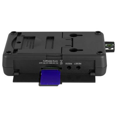 Schwarzes elektronisches Gerät mit einer blauen Schutzabdeckung, die an der Vorderseite vorsteht, und einem Seitenstecker, dargestellt vor weißem Hintergrund.