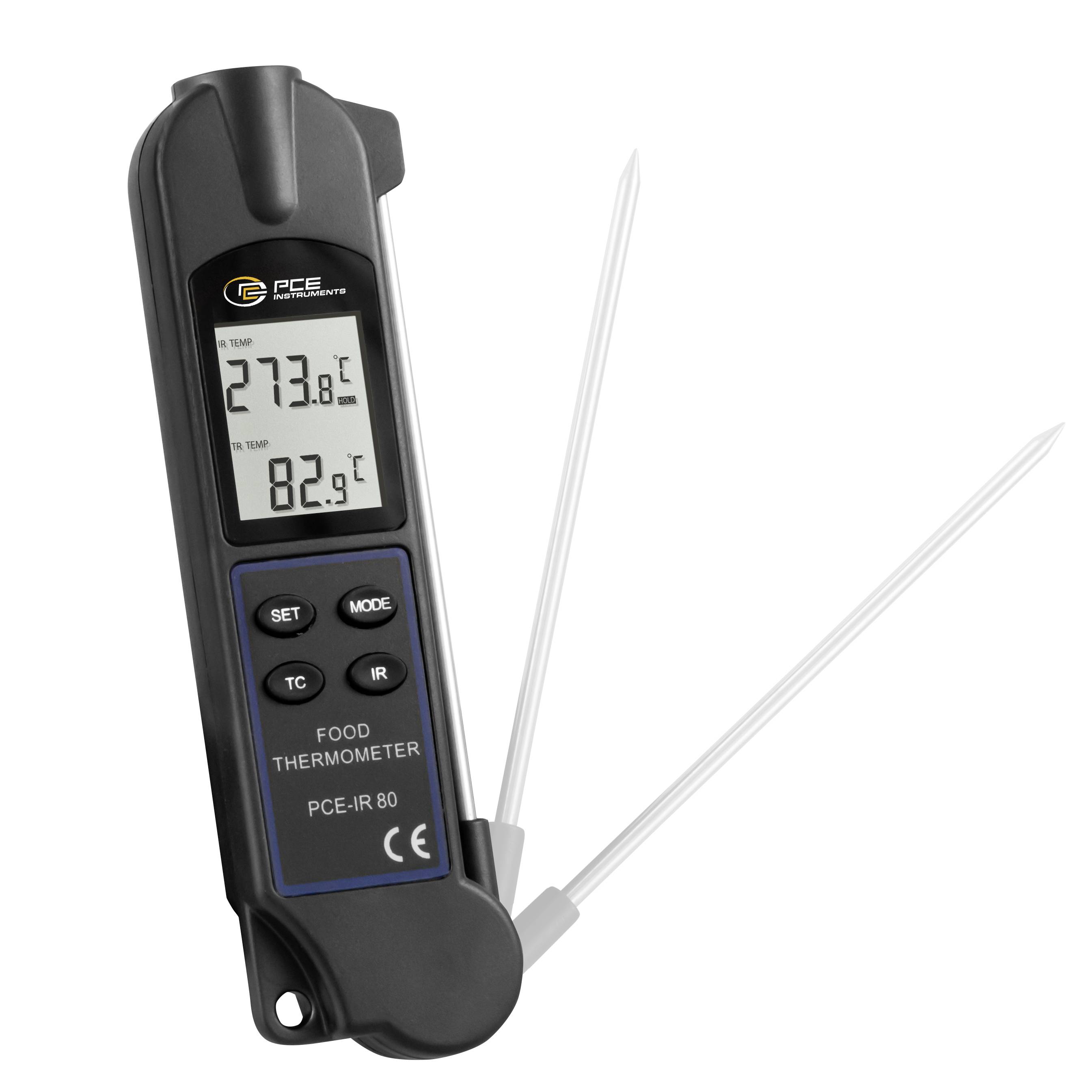 Digitales Fleischthermometer mit zwei ausklappbaren Sonden, das auf dem Display Temperaturen von 273,8°F und 82,9°F anzeigt.