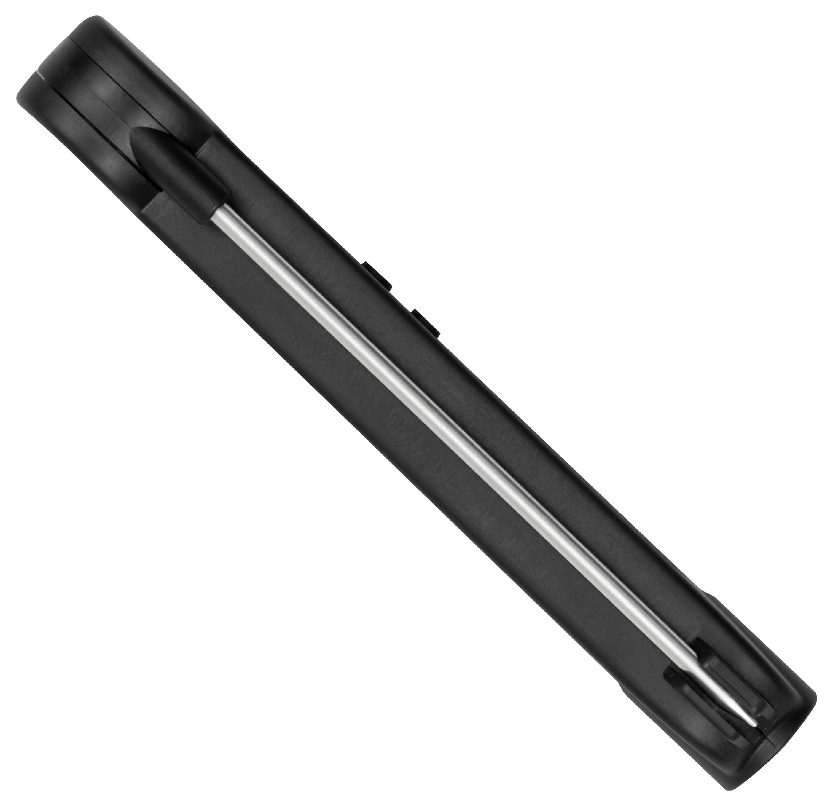 Schwarzes einziehbares Universalmesser mit silberner Klinge auf weißem Hintergrund.