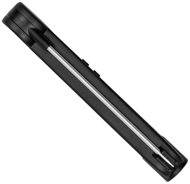 Ein schwarzes, kompaktes Multitool in seitlicher Ansicht. Es enthält verschiedene Funktionen und Werkzeuge, die im Gehäuse verstaut sind.