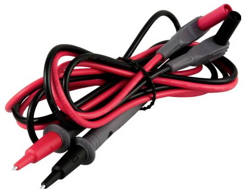 Aufgerollte rot-schwarze Multimeter-Messleitungen mit spitzen Prüfspitzen, dargestellt auf weißem Hintergrund.