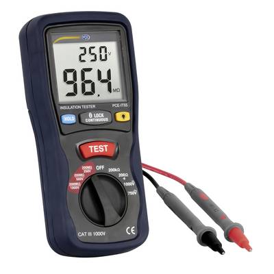 Digitales Isolationsprüfgerät zeigt 250V und 96,4 MΩ an, mit angeschlossenen Messleitungen und Bedienelementen für Halten, Sperren und Prüfung.