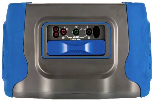 Graues elektrisches Testgerät mit blauen Seiten, schwarzen und roten Anschlüssen sowie einem blauen Griff in der Mitte.