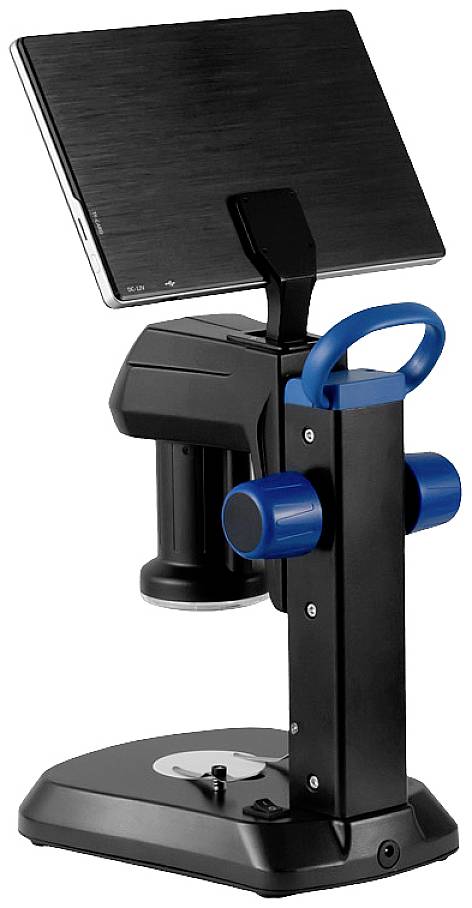 Ein tragbares 3D-Scannergerät mit einem stabilen schwarzen Ständer und blauen Griffen zur einfachen Handhabung.