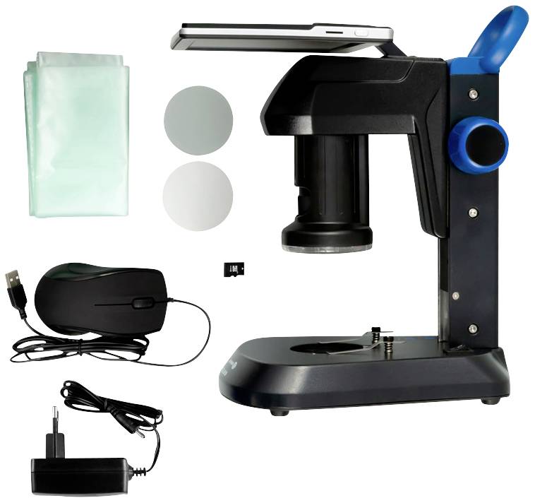 Digitales Mikroskop-Set mit Ständer, Netzteil und USB-Maus, geeignet für Vergrößerung und Bilddarstellung von Proben.