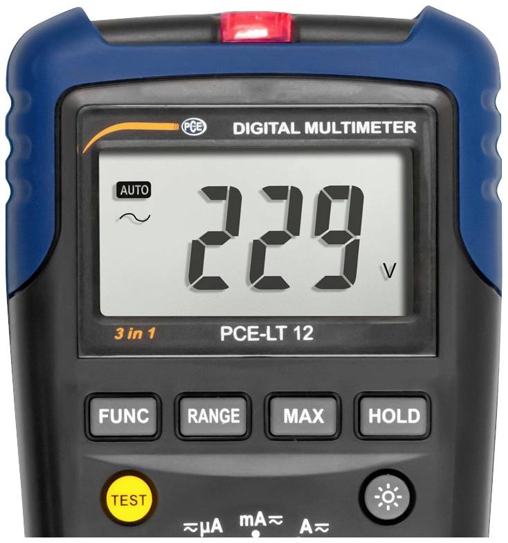 Digitalmultimeter zeigt '229 V' auf dem Display. Oberhalb befinden sich Steuertasten für Funktionen wie Test, Bereich und Halten.