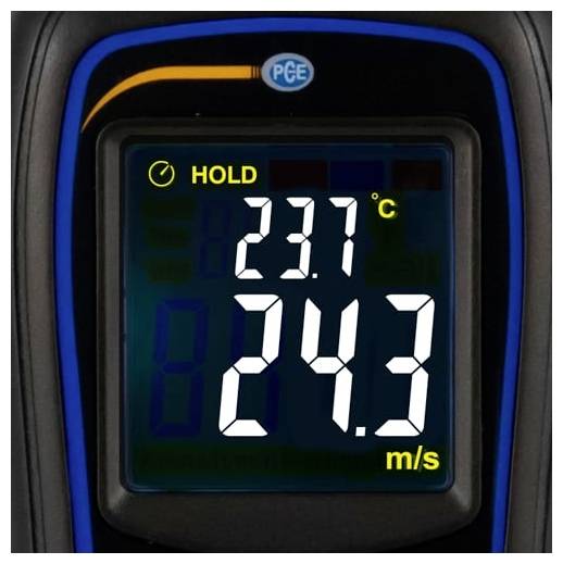 Digitale Meteranzeigy mit HOLD, 23,7 °C und 24,3 m/s auf einem PCE-Gerät.