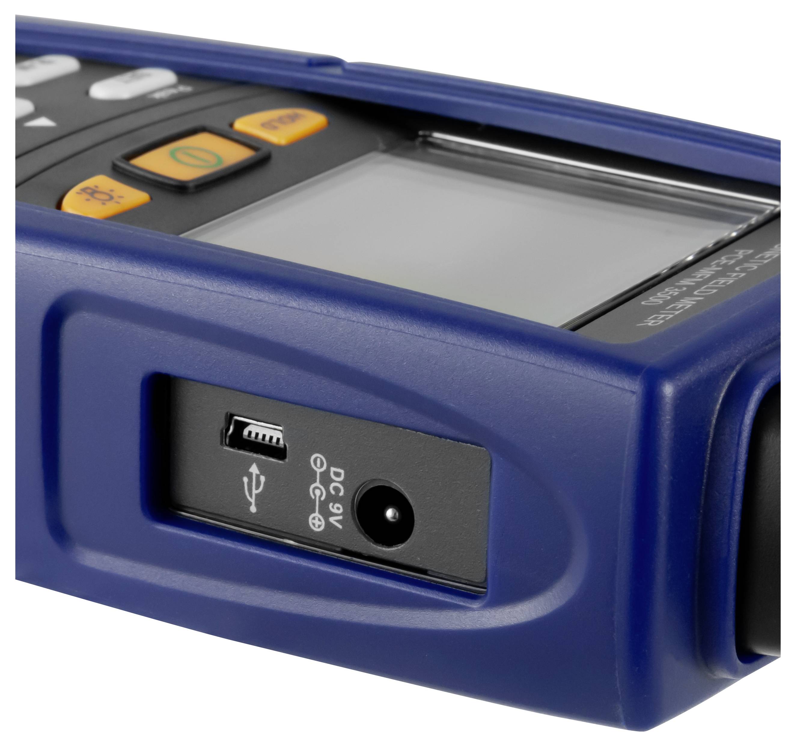 Nahaufnahme eines blauen tragbaren elektronischen Geräts mit einem Bildschirm, Steuertasten und einem seitlichen USB- und DC 9V-Stromversorgungsanschluss.
