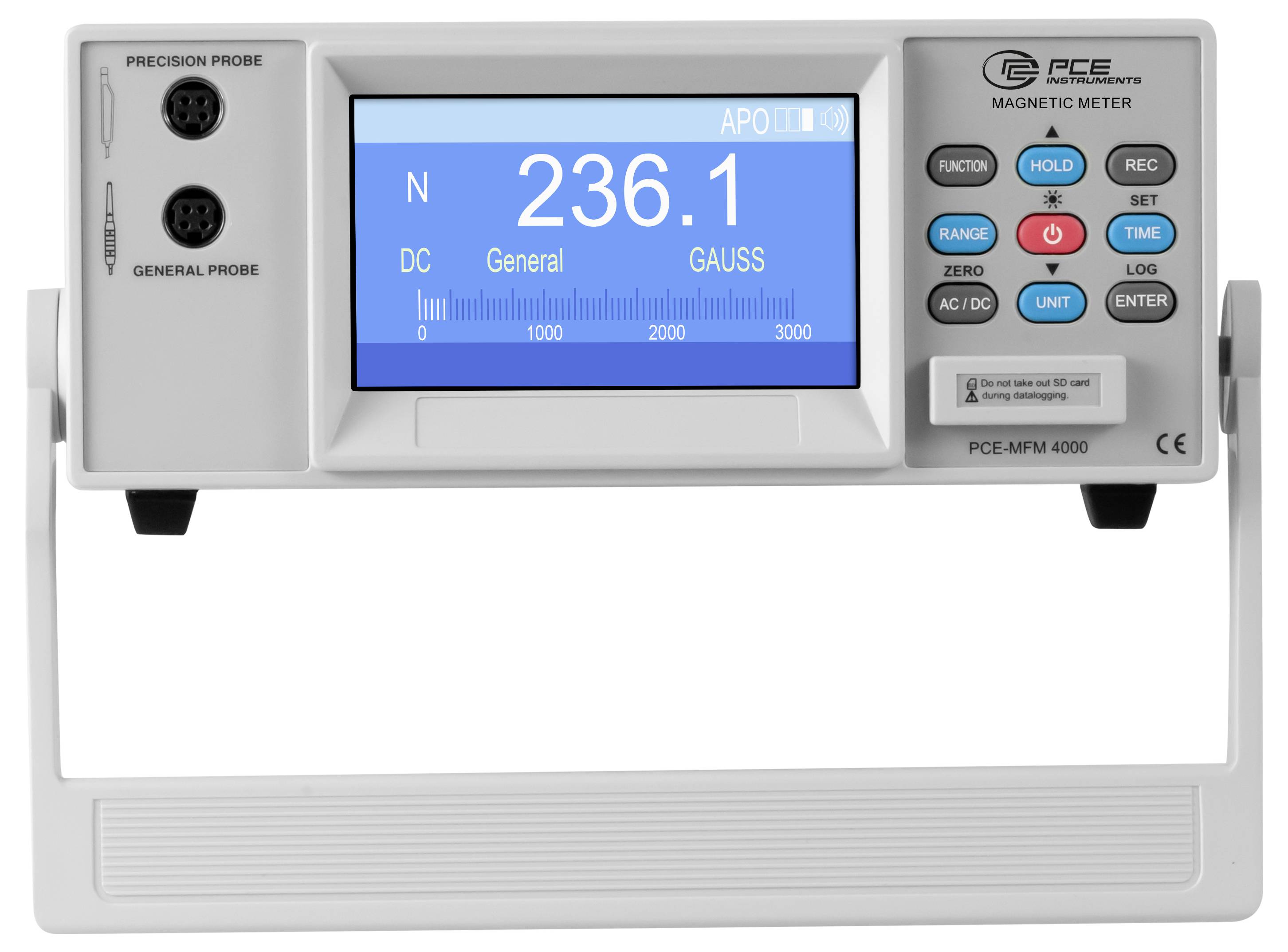 Frontansicht eines PCE-Magnetometers mit einem blauen Display, das 236,1 Gauß anzeigt, sowie mit Probeanschlüssen und Steuerknöpfen auf der Gerätefront.
