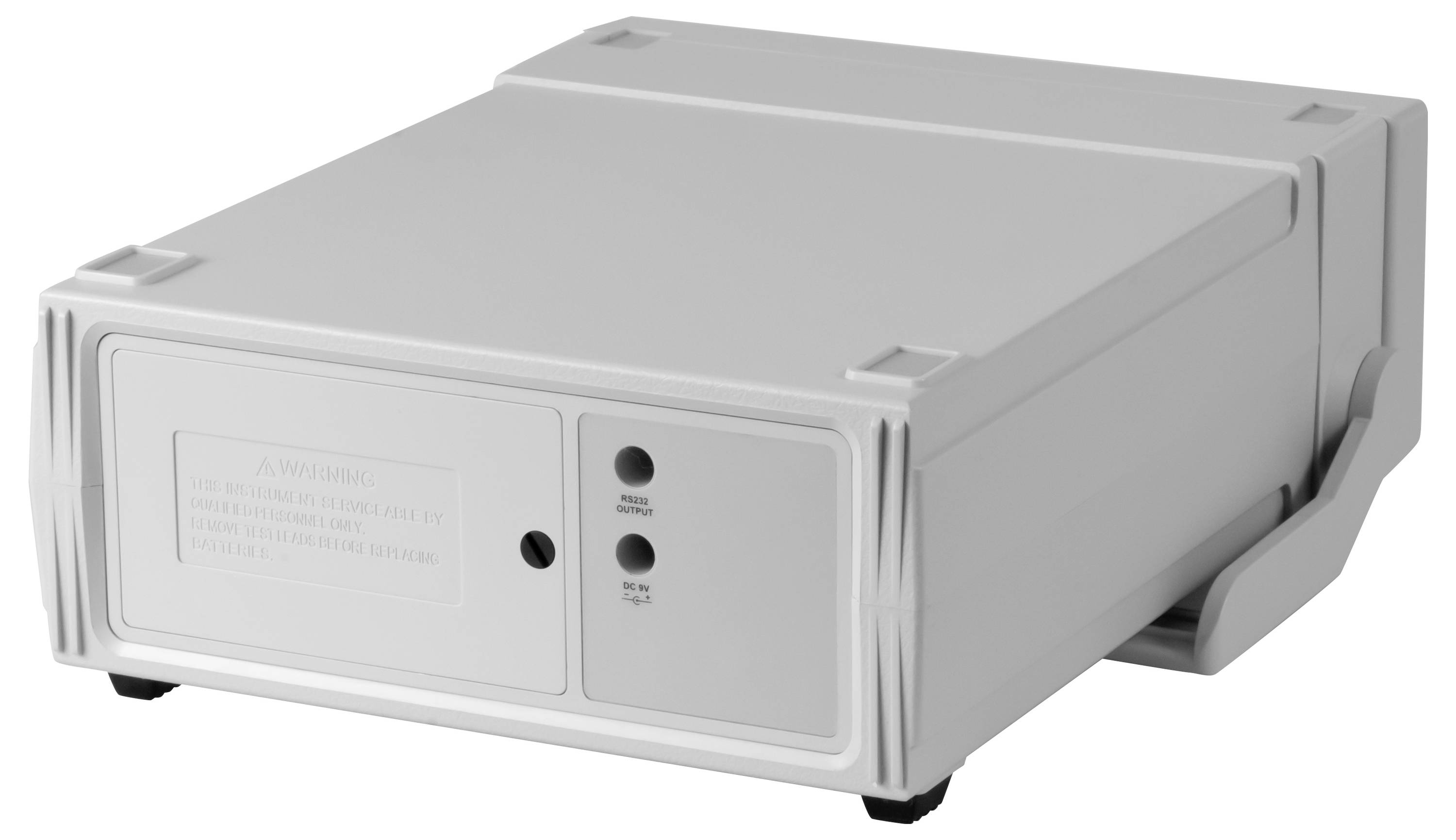 Graues elektronisches Gerät oder Rack-Montage-Einheit in Dreiviertelvorderansicht, mit Frontanschlüssen und Anzeigelampen.