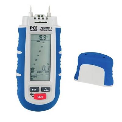 PCE-Feuchtemessgerät mit LCD-Display und zwei Metallsonden, daneben mit blauer Schutzkappe abgebildet.