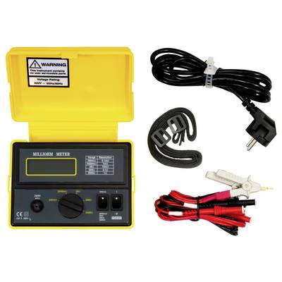 Gelbes Milliohm-Messgerät mit Display und Bedienungselementen, dargestellt mit Netzkabel, Trageband und Messleitungen/Zubehör.