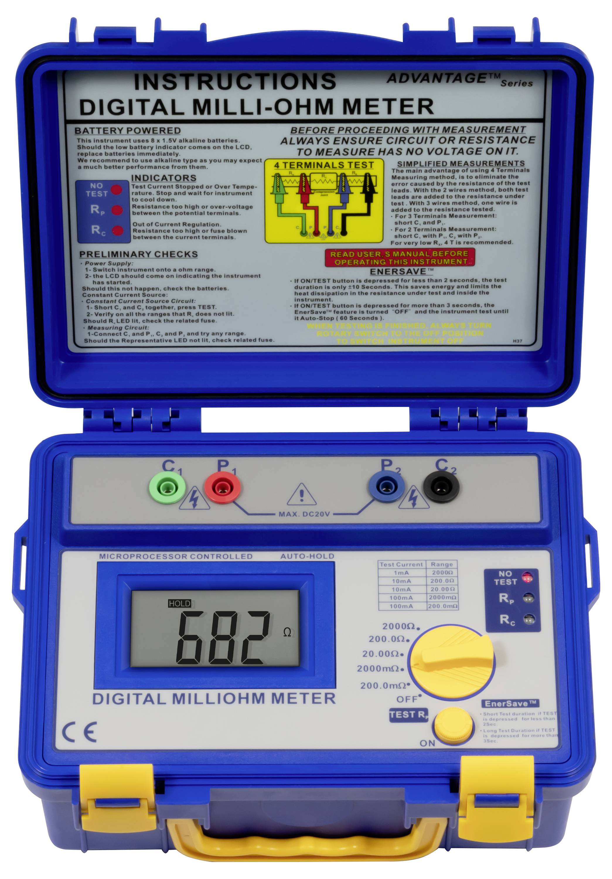 Tragbares digitales Milliohmmeter in einem blauen Transportkoffer mit LCD-Anzeige von 68,2 Ohm und beschrifteten Eingangsklemmen zur Widerstandsmessung.
