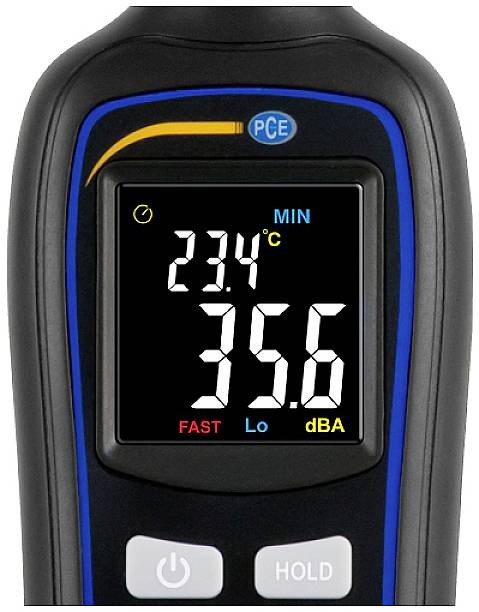 Ein digitales Thermometer zeigt '23.4°C' und '35.6 dBA' an. Zwei Knöpfe mit 'FAST' und 'HOLD' sind unten sichtbar.