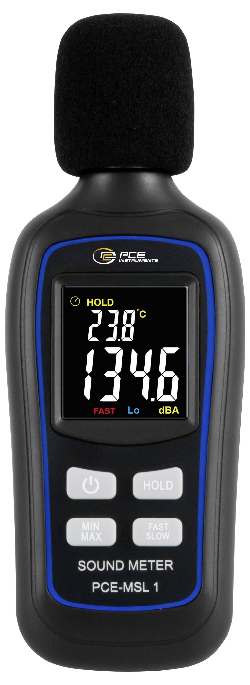 Tragbares Schallmessgerät zeigt 134,6 dBA an, mit den Anzeigen „HOLD" und „FAST" auf dem Display.