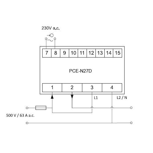 'Schaltschema eines elektrischen Zählers PCE-N27D mit Anschlüssen L1, L2/N, 230V a.c., 500V/63A a.c.'