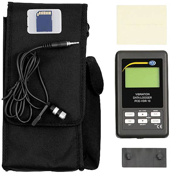 'Vibrationsdatenlogger PCE-VDR 10' mit Tasche, SD-Karte und Zubehör zum Messen und Aufzeichnen von Vibrationen im industriellen Umfeld.