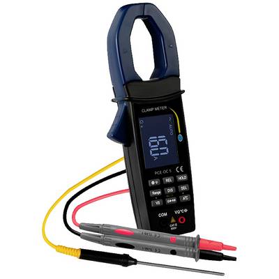 Ein digitales Strommessgerät (Zangenamperemeter) mit blauer Klemme und digitalen Display. Zwei verbundene Messfühler mit roten und schwarzen Kabeln.