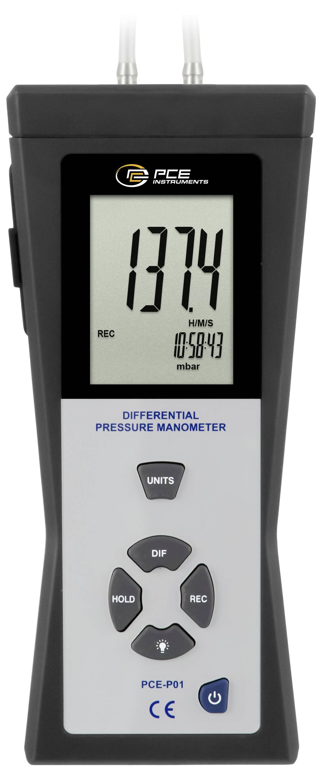 Digitales Differenzdruckmanometer mit LCD-Anzeige 1374, zeigt H/M/S 05843 und mbar an, gekennzeichnet mit PCE-P01 mit Einheit, DIF, Hold- und Rec-Tasten.