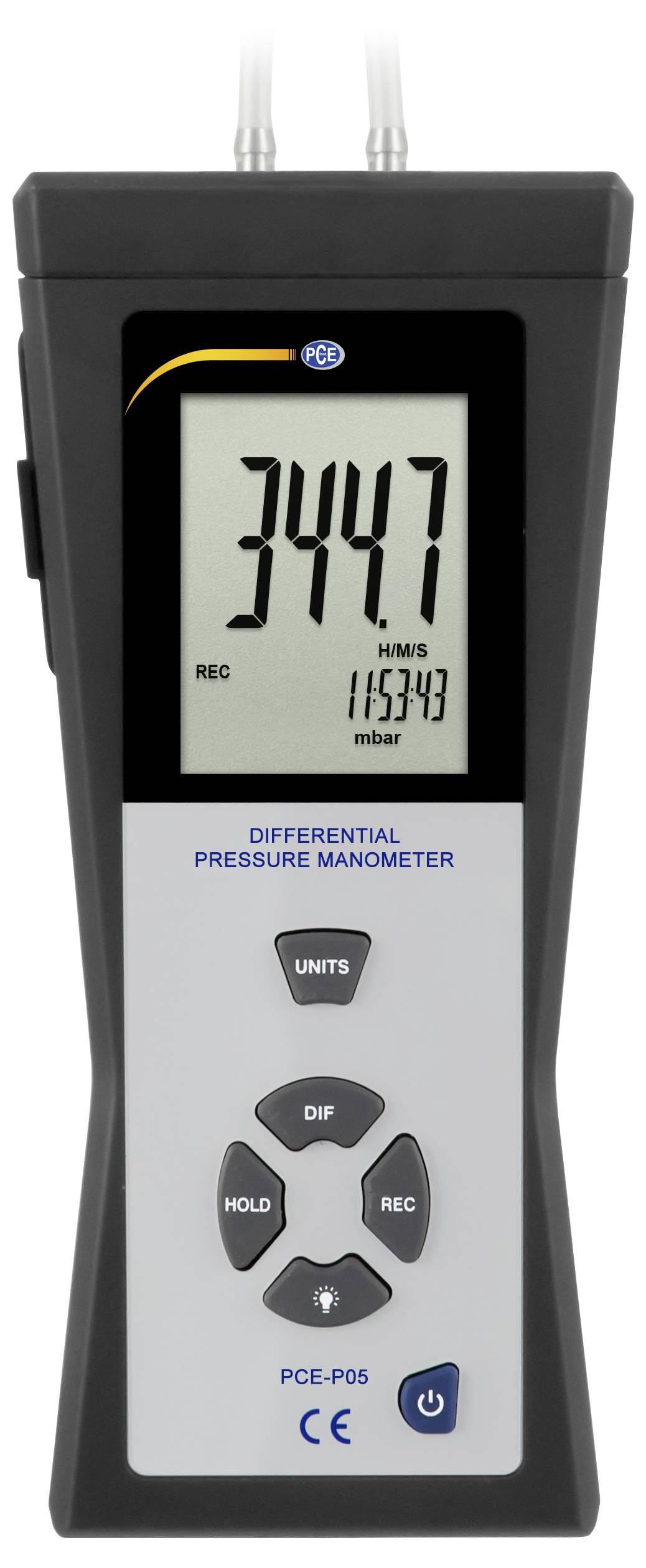 Tragbares Differenzdruck-Manometer zeigt 344,7 Hm/s an, mit REC und 115,73 mbar auf dem Display.