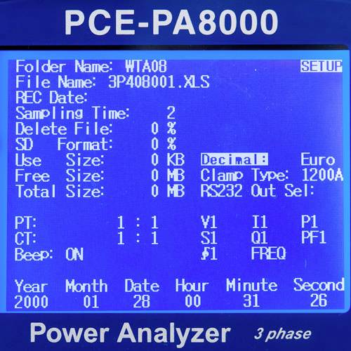 Anzeige eines Power Analyzers mit Ordnername 'WTA08', Dateienname '3P408001.XLS', RS232-Verbindung, Datenformateinstellungen und mehr.