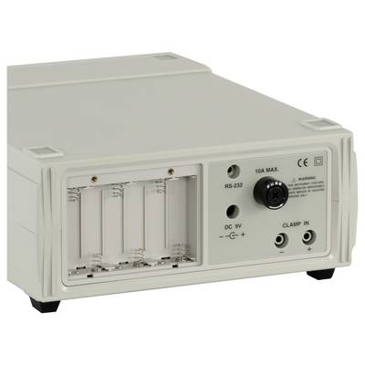 Kleines graues elektronisches Gerät mit Batteriefach, RS-232-Anschluss, 9V-Gleichstromeinganz und Klemmsteckkonnektoren auf der Frontplatte.