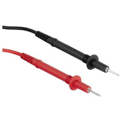 Rot-schwarze Multimeter-Messleitungen mit spitzen Metallspitzen, nebeneinander auf weißem Hintergrund dargestellt.