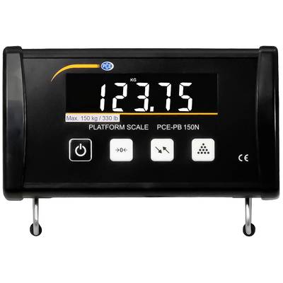 Digitale Plattformwaage zeigt das Gewicht '123,75 kg'. Maximale Kapazität: 150 kg (330 lb). Modell: PCE-PB 150N. Bedienknöpfe unten.
