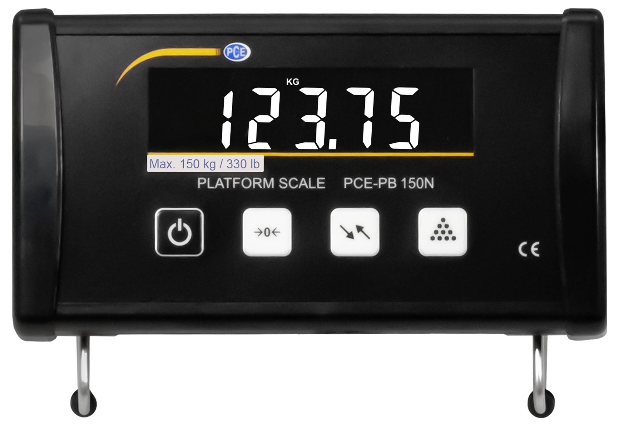 Digitale Plattformwaagen-Anzeige zeigt 123,75 kg an, beschriftet mit „PLATTFORMWAAGE PCE-PB 150N" mit max. 150 kg/330 lb.