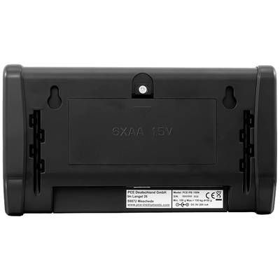 Der Rücken eines Geräts mit Batteriefach für 6 AA Batterien und Etikett mit Herstellungsinformationen.
