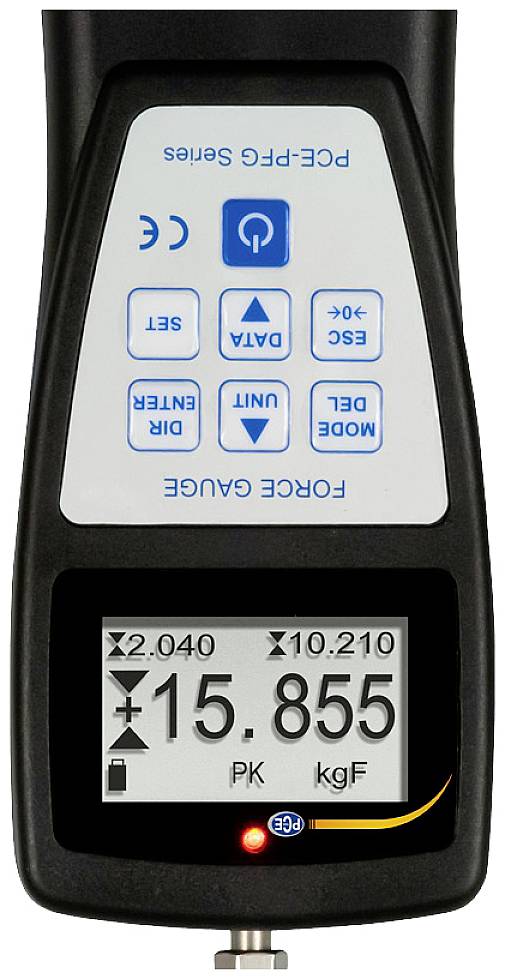 Ein digitales Kraftmessgerät zeigt auf einem Display den aktuellen Messwert von 15,855 kgF an. Tasten für Daten und Einheiten sichtbar.