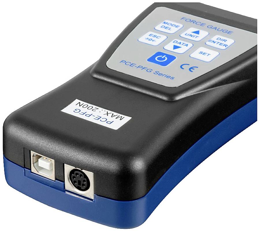 Kraftmessgerät mit blauem Display und Bedientasten. Zeigt Serienname 'PCE-PEG' und die Modelleingabe MAX-200N. Enthält USB- und Datenanschlüsse.