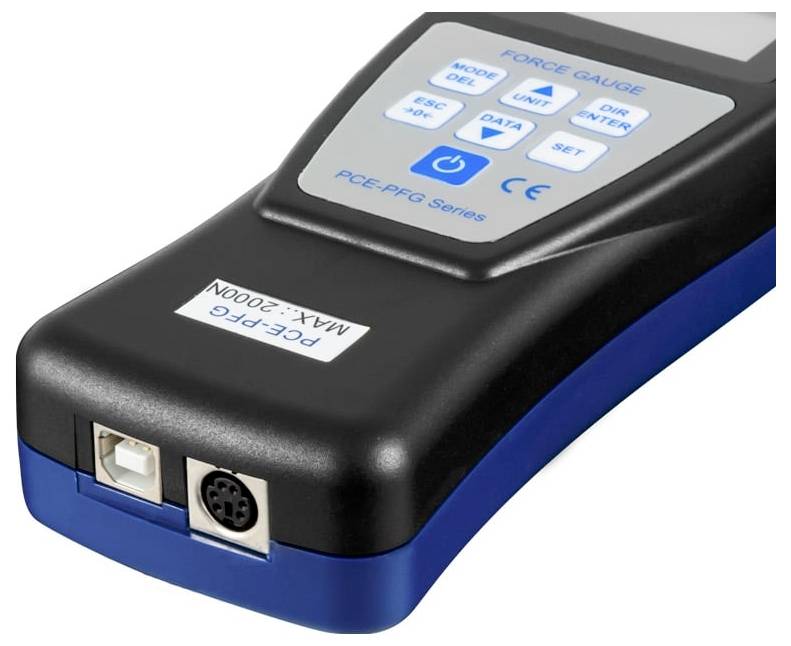 Tragbares digitales Kraftmessgerät mit Bildschirm und Steuertasten, schwarzem und blauem Gehäuse, mit der Bezeichnung „PCE-PFG Serie" und „MAX: 2000N".