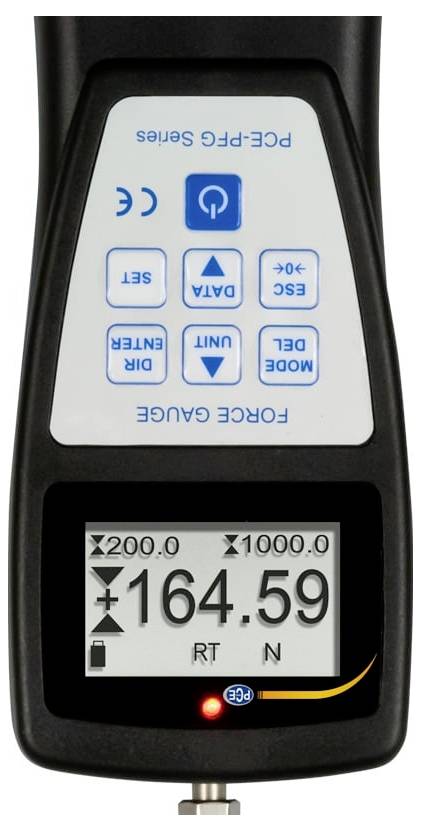 Tragbares Kraftmessgerät mit einer Live-Anzeige von 164,59 sowie Spitzenwert- und Modusindikatoren und Tasten für Modus, Einheit, Richtung, Daten, Einstellung und Nullpunkt.