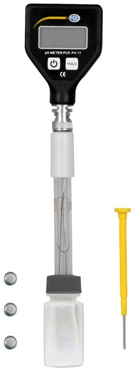 PH-Messgerät mit digitalem Display zur Messung des pH-Werts von Flüssigkeiten. Enthält Kalibrierlösung, Ersatzbatterien und Schraubendreher.