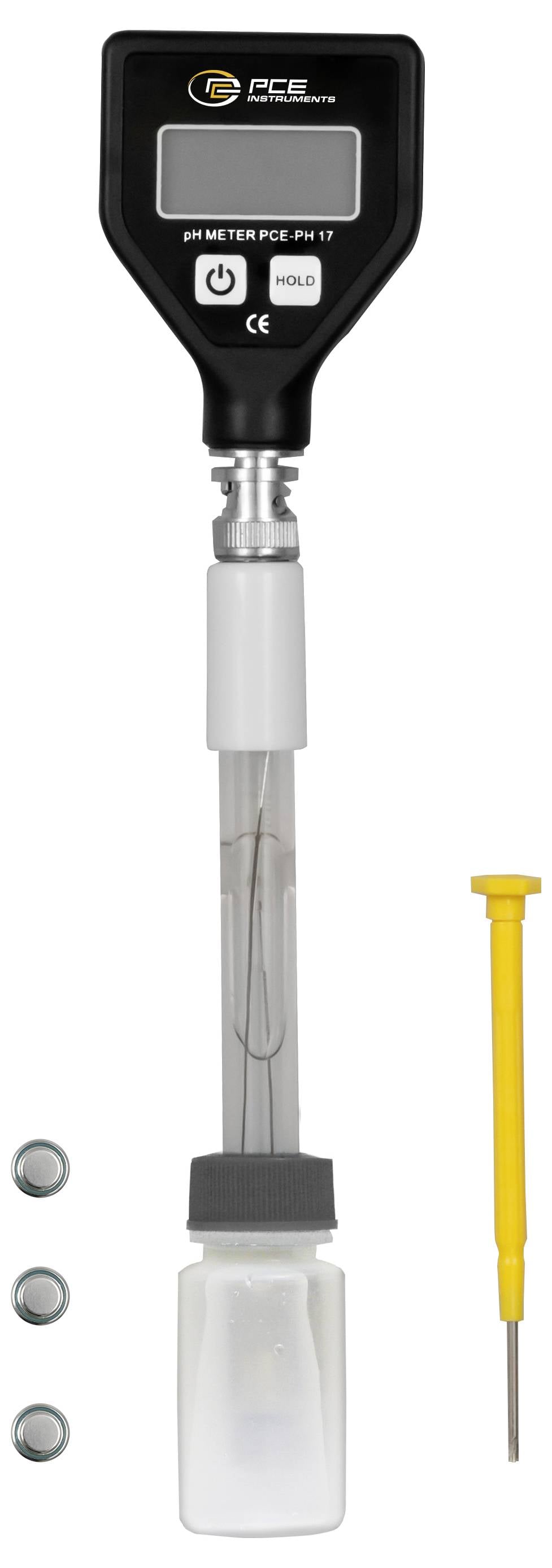 Tragbares digitales pH-Messgerät mit Sonde und Sensorkappе, abgebildet mit zwei Knopfzellenbatterien und einem gelben Schraubendreher auf weißem Hintergrund.