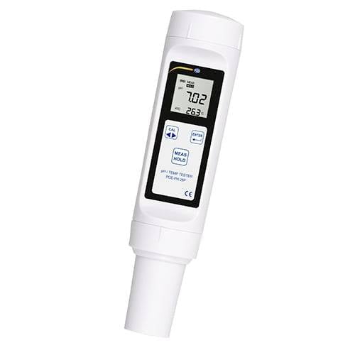 Weißes tragbares digitales pH-Messgerät/Tester mit LCD-Display, das den pH-Wert 7,02 und die Temperatur 26,3°C anzeigt.
