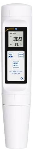 Weißes tragbares digitales Thermometer, das auf seinem Display 36,9 und 25,1 anzeigt, mit CAL-, ENTER- und MEAS/HOLD-Tasten sowie einer Schutzkappe für die Sonde.