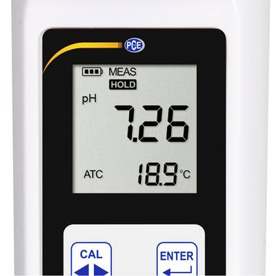 Digitales pH-Messgerät mit Displayanzeige: '7.26' für pH-Wert und '18.9°C' für Temperatur. Oben Symbole für Kalibrierung und Messstatus.
