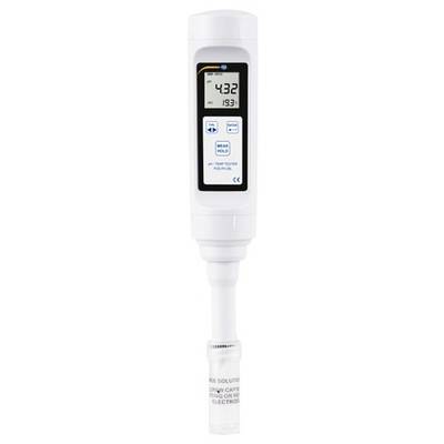 Digitales Wassergütenmessgerät mit LCD-Anzeige zeigt 4,32 und 19,3, angebracht an einer Sonde mit der Beschriftung pH-Lösung und Niedrigleitwert-Elektrode.