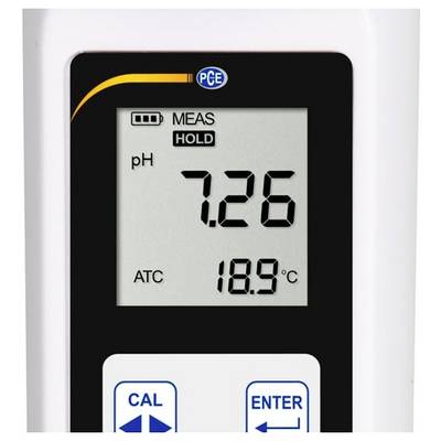 Digitales pH-Messgerät-Display zeigt pH 7,26 und Temperatur 18,9°C mit den Statusanzeigen „MEAS" und „HOLD".