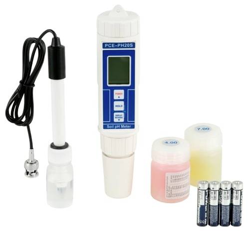 Boden-pH-Messgerät-Set mit digitalem Messgerät, Sonde, Kalibrierflaschen und Batterien.