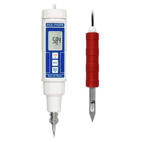 Digitales Boden-pH-Messgerät und Sonde, die auf dem tragbaren Display einen Wert von 5,84 pH anzeigt.