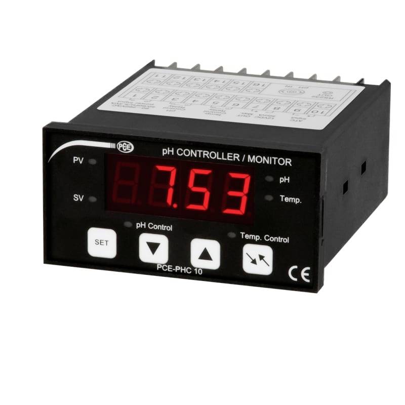 Digitaler pH-Regler/Monitor mit Anzeige von 7,53 auf einem roten LED-Display, mit Set- und Pfeiltasten zur Steuerung von pH und Temperatur.