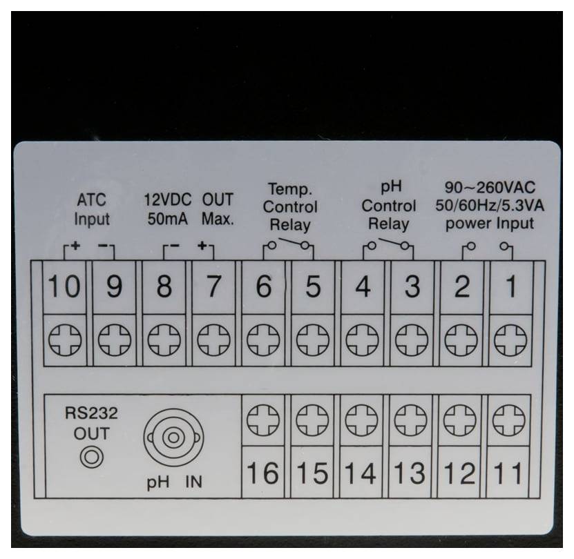 Beschriftetes Terminalblockdiagramm für einen ATC/Regler: ATC-Eingang, 12VDC 50mA Ausgang, Temperaturregelrelais, pH-Regelrelais, 90-260VAC Stromeingang, RS232 Ausgang und pH-Eingang.