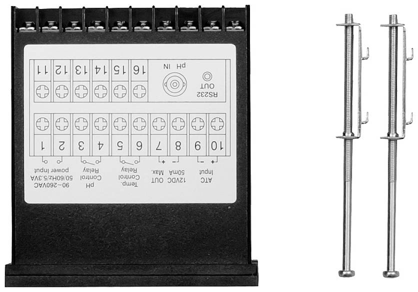 Ein elektrisches Schaltgerät mit nummerierten Anschlüssen und zwei langen Metallstangen.