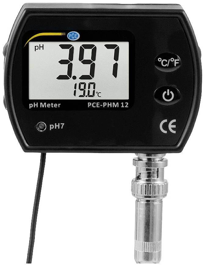 pH-Messgerät mit Display zeigt '3.97' pH-Wert und '19.0°C' Temperatur. Enthält Knöpfe für Celsius/Fahrenheit.